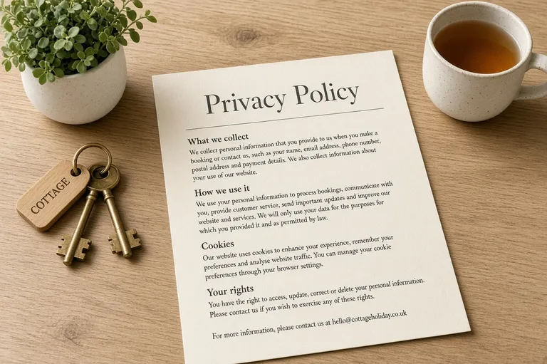 Printed privacy policy document ready for a holiday rental website