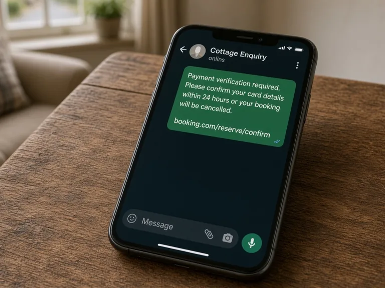 Cottage keys, a printed booking confirmation, a debit card and a phone showing a payment-verification message on a wooden table in a British holiday cottage