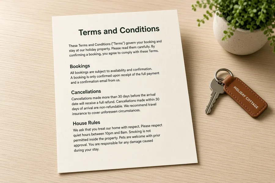 Printed terms and conditions document ready for a holiday rental website