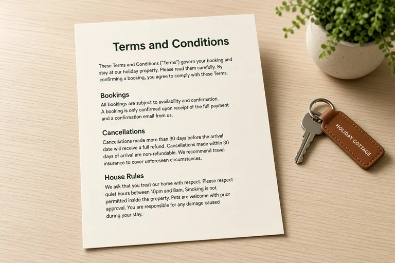 Printed terms and conditions document ready for a holiday rental website